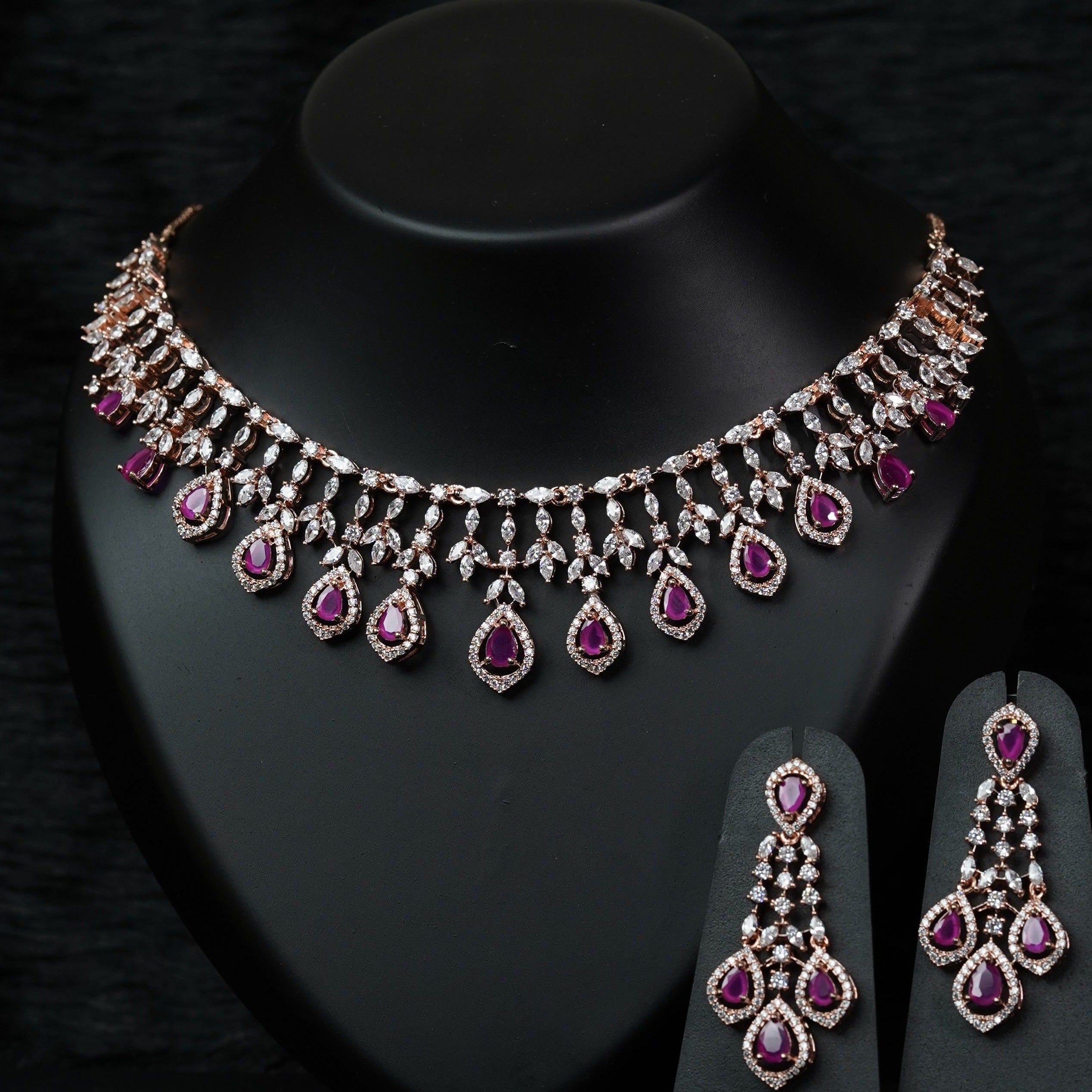 Gracy Ruby Rose gold CZ Designer Necklace Set-Mivanaa